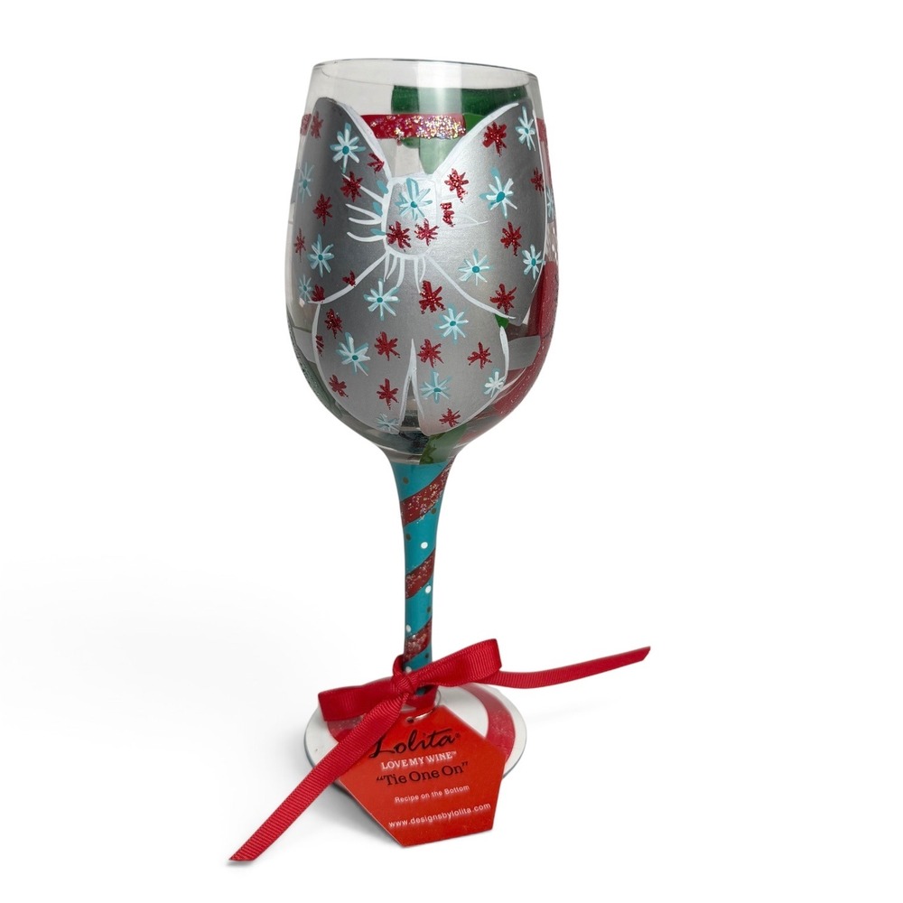 Lolita Tie One On Christmas Bow Hand Painted Wine Glass 15oz Boxed